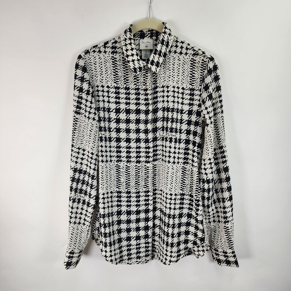 H&M x Richard Allen Houndstooth Blouse Women's 0 Silky Black Ivory
